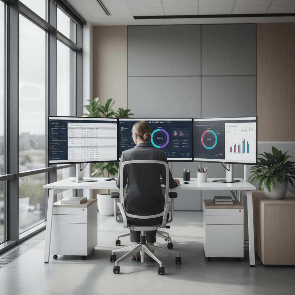 Healthcare administrator analyzing billing data on multiple monitors in a modern office