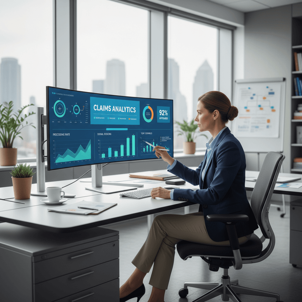 Healthcare professional analyzing claims data on a digital dashboard