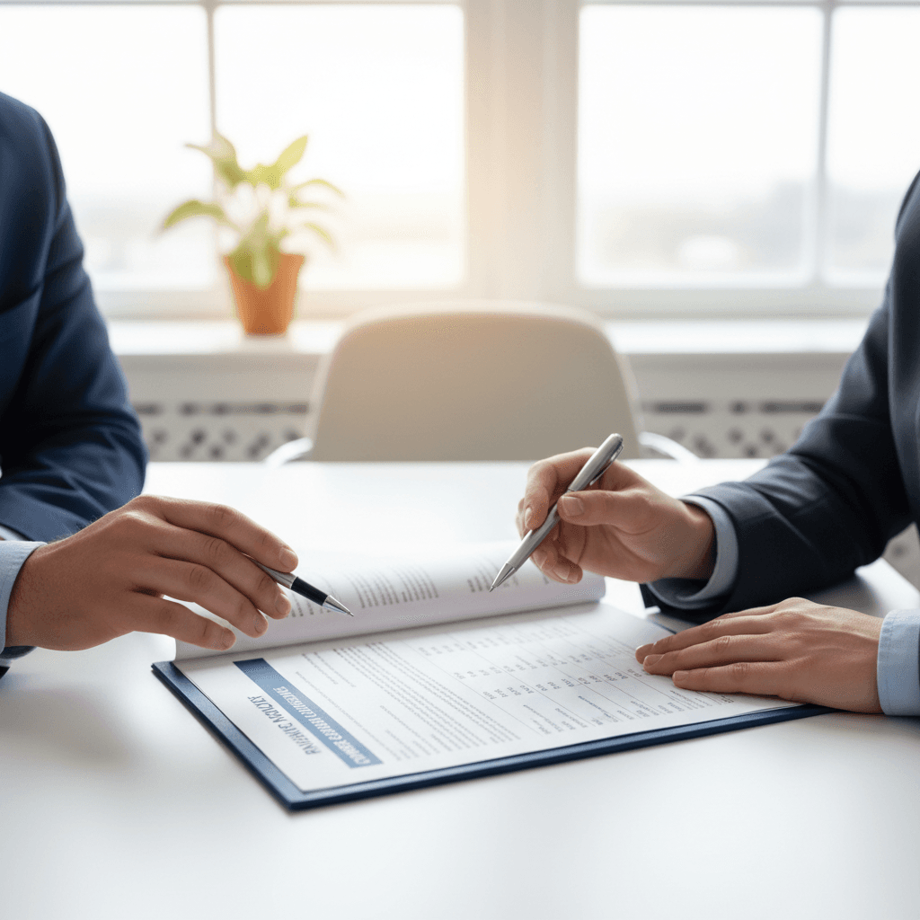 Close-up of insurance policy document with agent and customer pointing to coverage options and pricing details