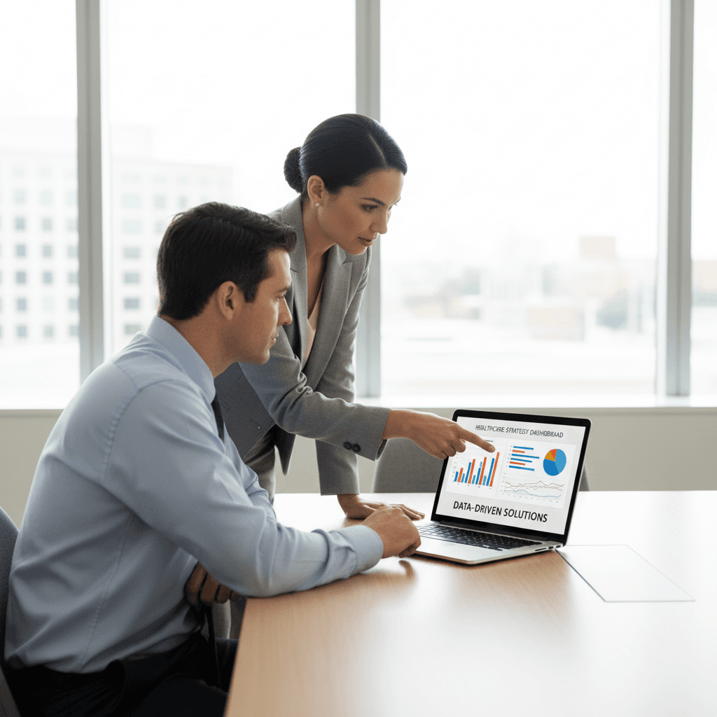 Daniela Haskins consulting with an administrator on analytics strategy in a modern office