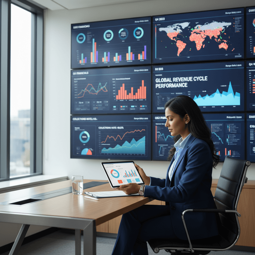 A businesswoman reviews data on a tablet before a wall of digital performance dashboards.