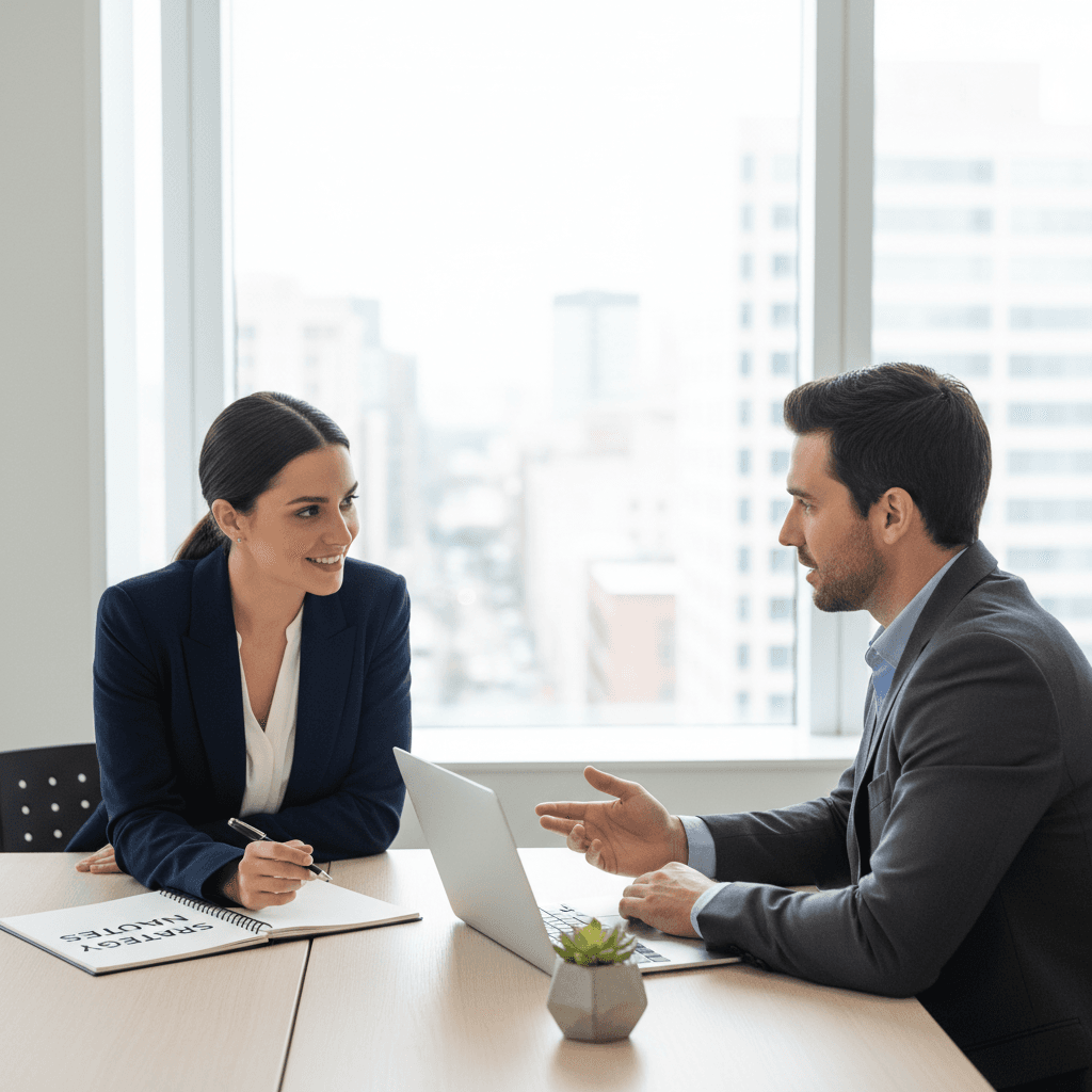 Consultant and client engaged in professional one-on-one consultation at modern minimalist urban office desk