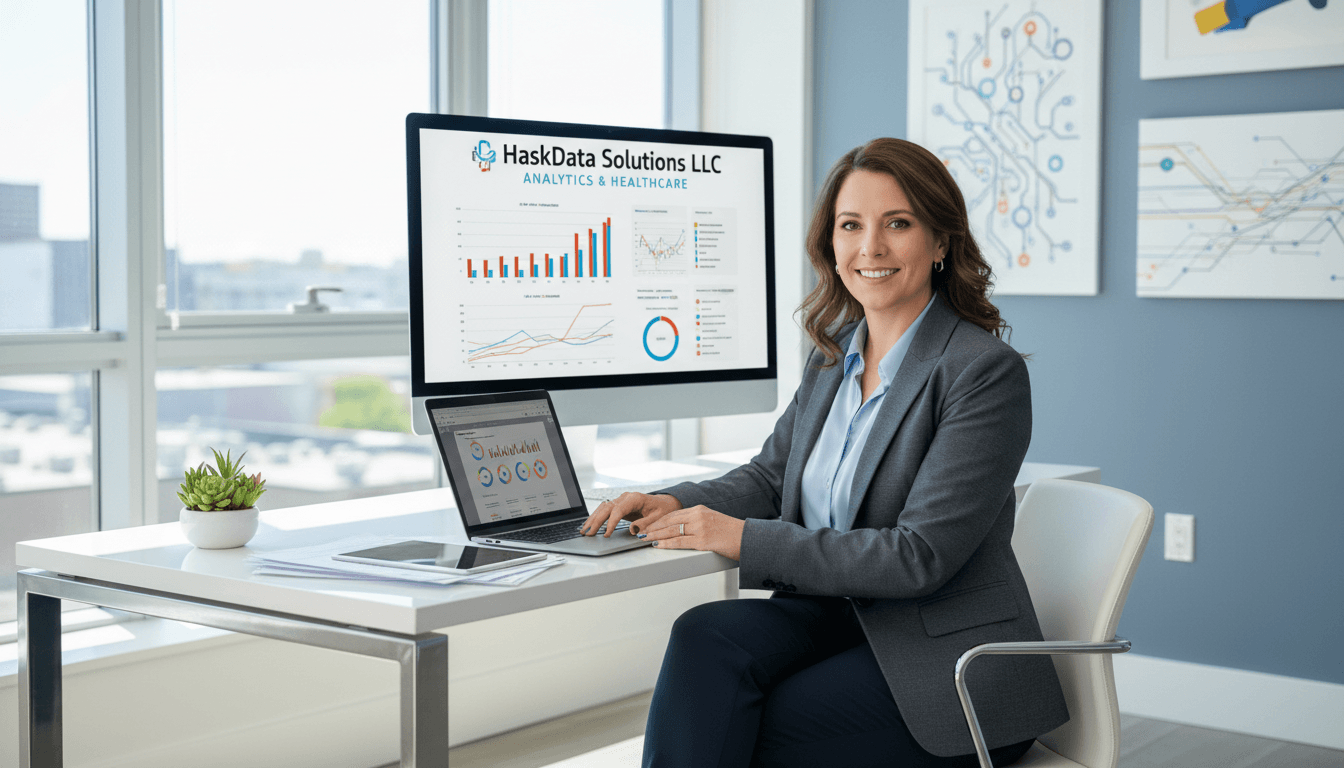 Daniela D., company owner, in a modern office with natural light and business analytics focus