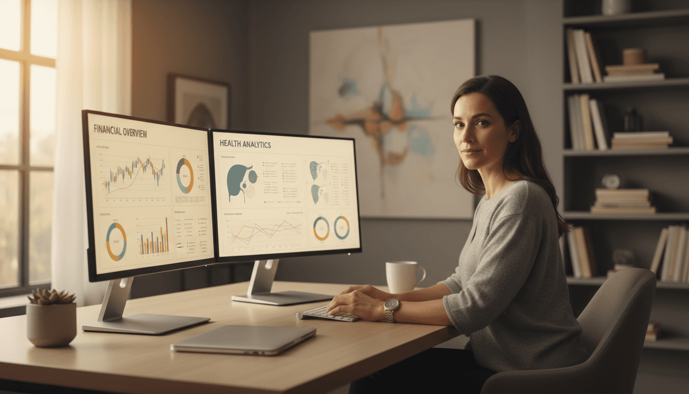 Healthcare analytics consultant reviewing financial dashboards on computer screens