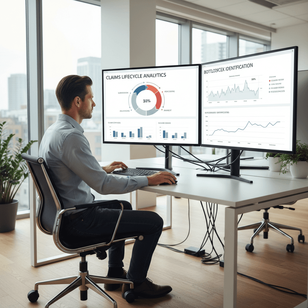 Developer analyzing claims analytics on dual monitors in modern office setting