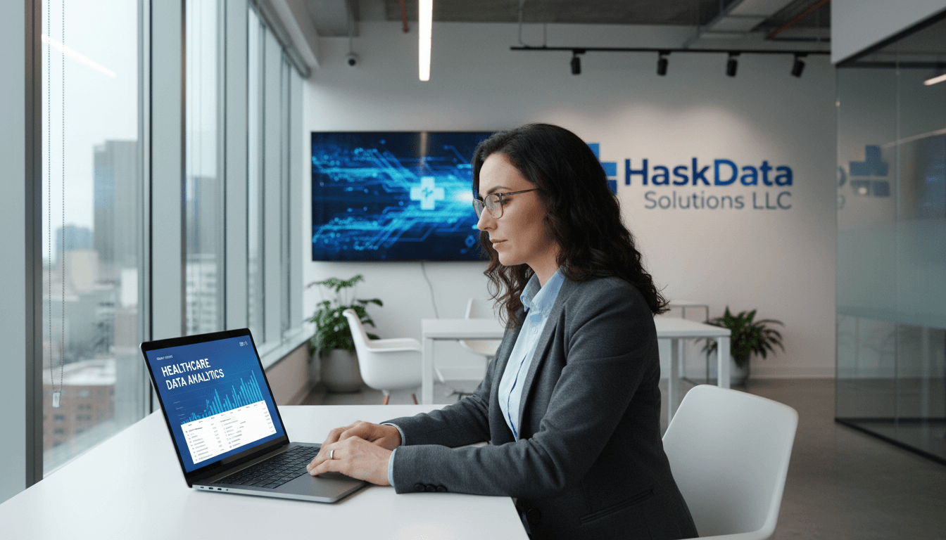 Daniela D., company owner, in a modern office with natural light and analytics display