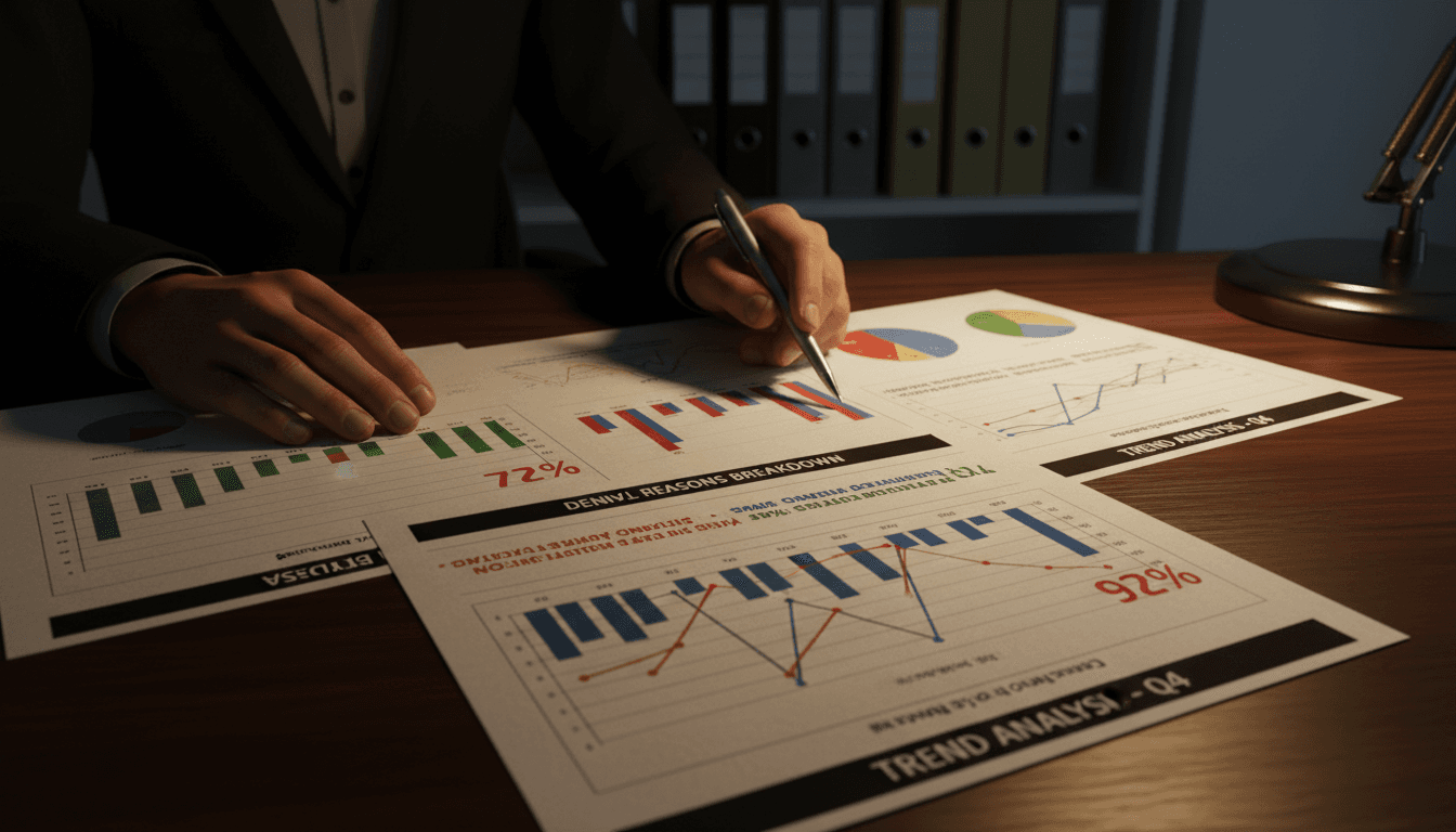 Denial Rate Analysis report with trend lines and rejection categories