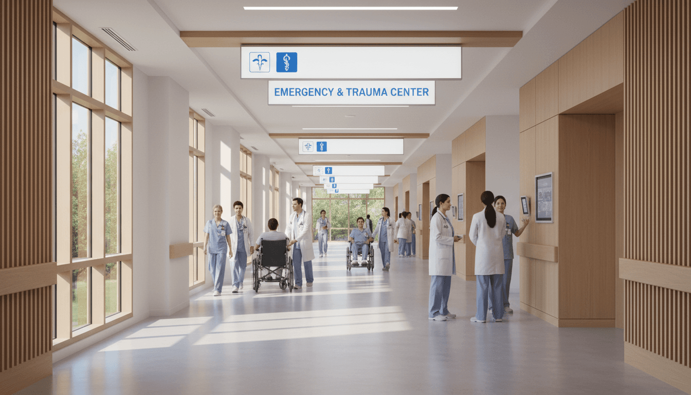 Modern hospital emergency department corridor with diverse healthcare staff assisting patients in bright, contemporary clinical setting