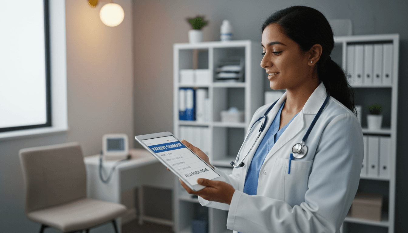 Healthcare provider in white coat reviewing patient medical records on tablet in modern clinical office environment