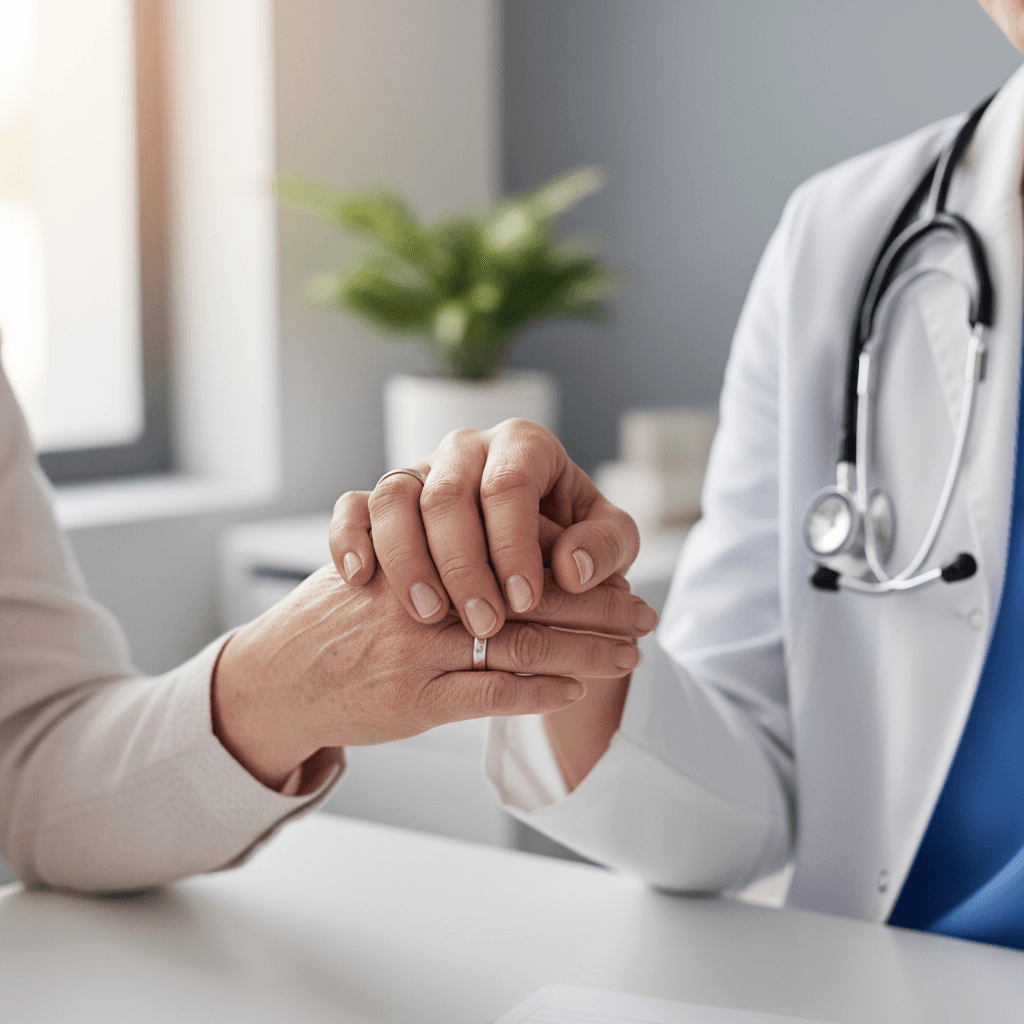 Close-up of healthcare provider and patient hands together, conveying trust and compassionate medical care connection