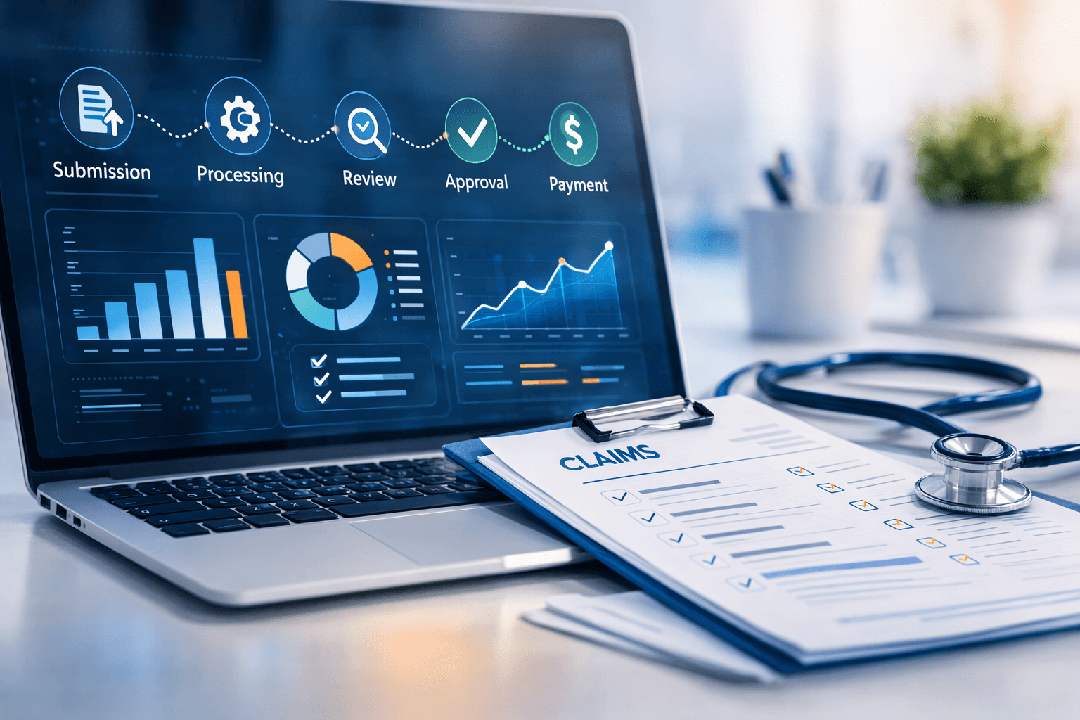 Laptop displaying medical claims data and processing steps alongside a stethoscope and paper forms.