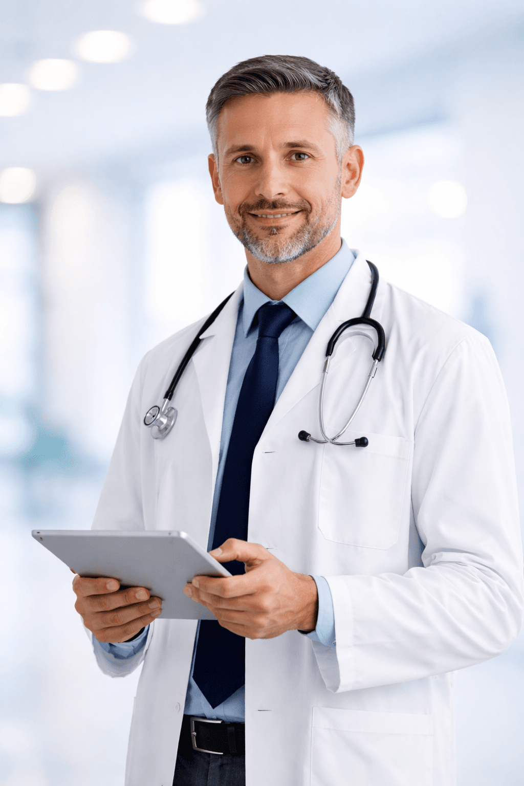 Smiling male doctor in a white lab coat and stethoscope holding a digital tablet.
