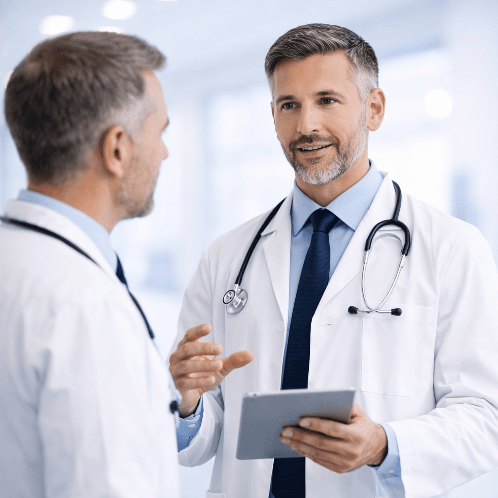 Two doctors in white coats discuss medical information on a tablet in a bright hospital.